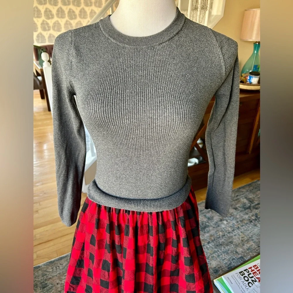 Gap Girls XL Red Buffalo Plaid 2-in-1 Sweater Dress Cotton Grey
